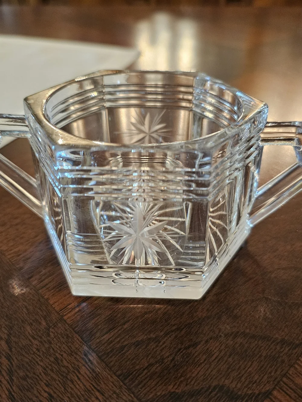 Vintage Heisey Glass Quator Art Deco Hexagon Sugar Bowl Clear Starburst